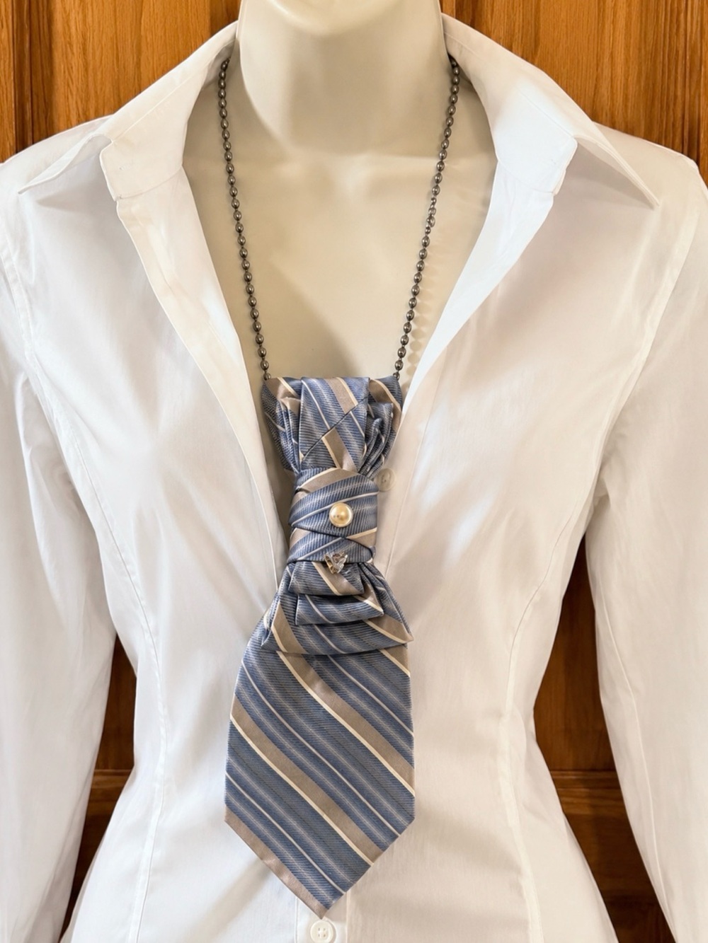 Upcycled Vintage Blue Striped 100% Silk Necktie Necklace Academia Preppy Classic